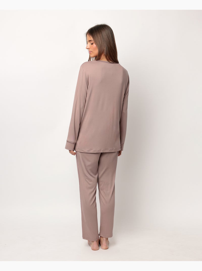 Pigiama da notte morbido a maniche lunghe da donna ADMAS CLASSIC Moka - Kiabi