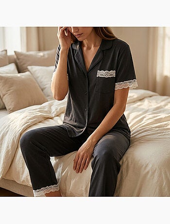 Pigiama Donna Lungo Abbottonato Pizzo OZABI