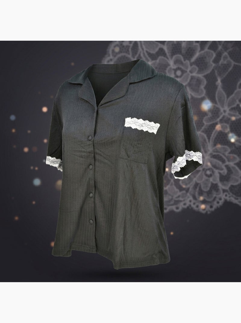 Pigiama Donna Lungo Abbottonato Pizzo OZABI Nero - Kiabi