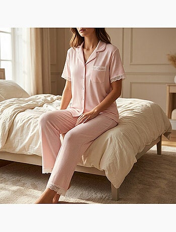 Pigiama Donna Lungo Abbottonato Pizzo OZABI