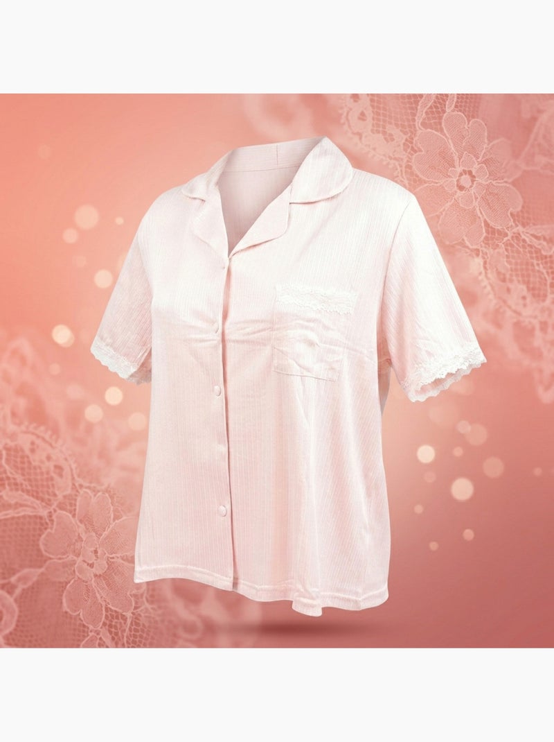 Pigiama Donna Lungo Abbottonato Pizzo OZABI Rosa - Kiabi