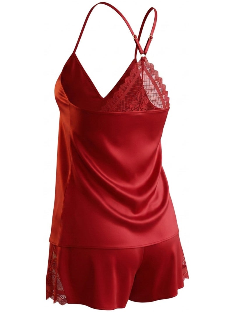Pigiama donna raso canotta pizzo scollo V touch seta OZABI Bordeaux - Kiabi
