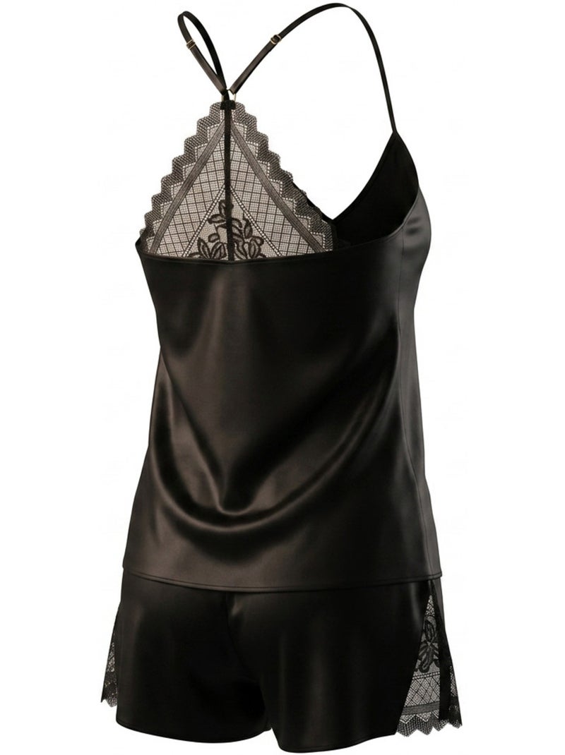 Pigiama donna raso canotta pizzo scollo V touch seta OZABI Nero - Kiabi