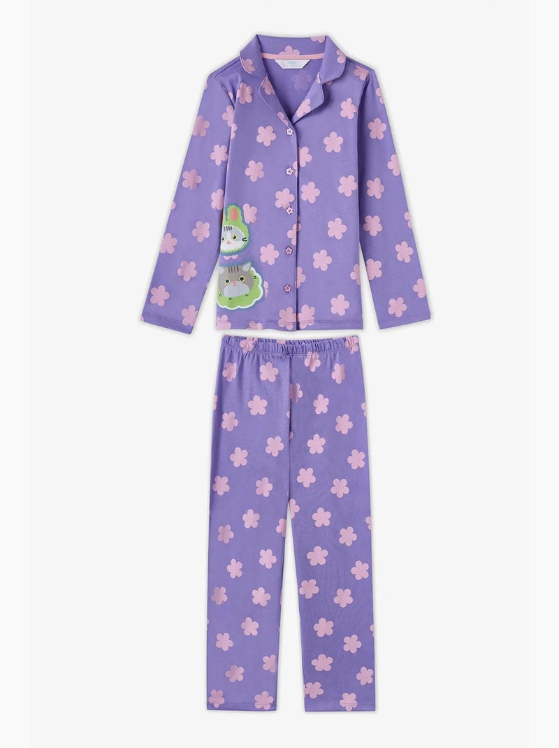 Pigiama feel better con stampa gatto, camicia con bottoni manica lunga e pantaloni penti Lavanda - Kiabi