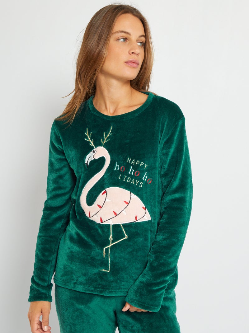 Pigiama 'fenicottero rosa' in maglia peluche VERDE Kiabi
