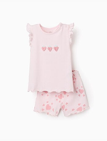 Pigiama in cotone con stampe a cuore e volant