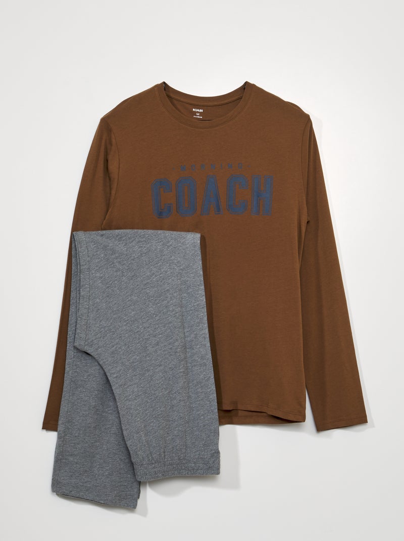 Pigiama lungo - Scritta 'morning coach'  - 2 pezzi MARRONE - Kiabi