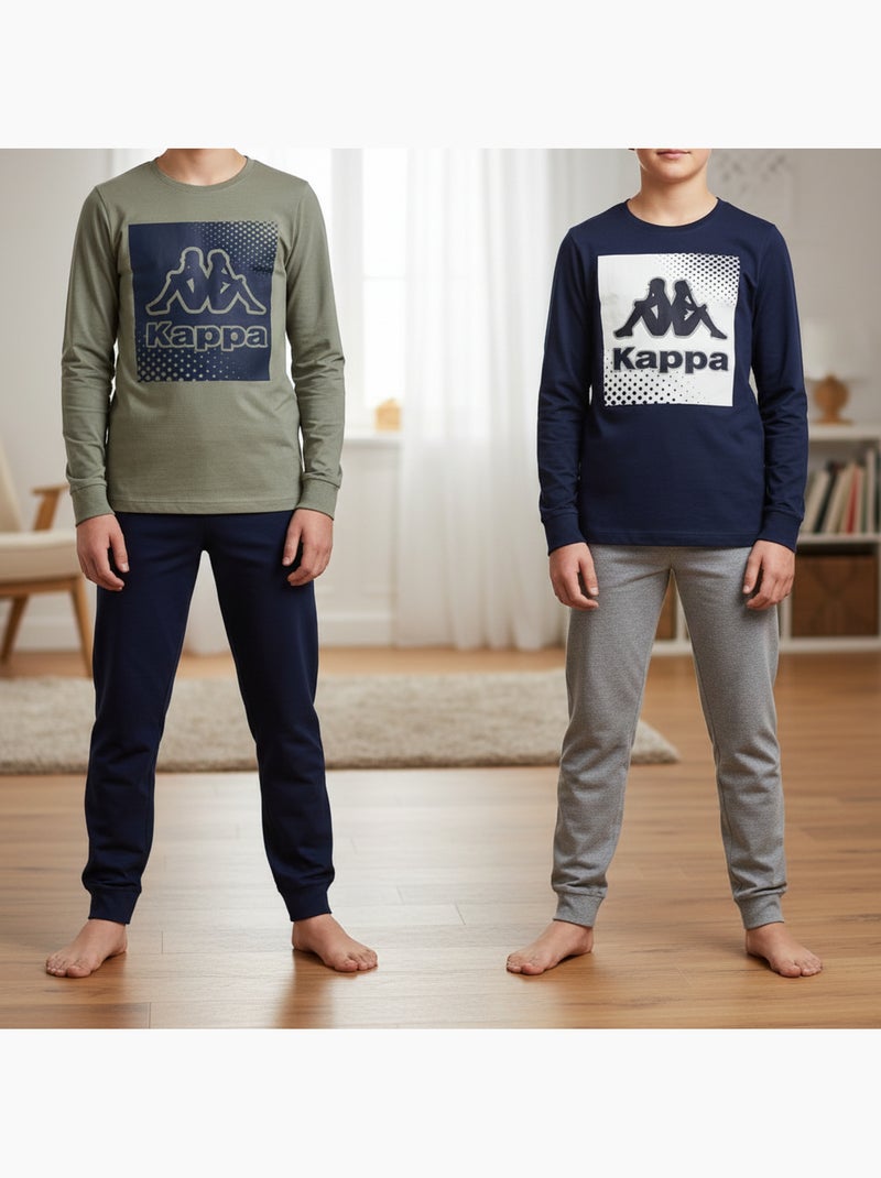 Pigiama Lungo Bambino Confezione da 2 Cotone Logo Omini Girocollo Manica Lunga KAPPA Blu Kaki - Kiabi
