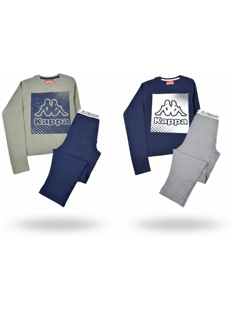 Pigiama Lungo Bambino Confezione da 2 Cotone Logo Omini Girocollo Manica Lunga KAPPA Blu Kaki - Kiabi