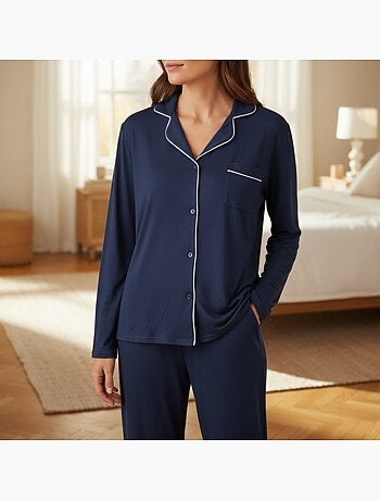 Pigiama Lungo Donna Collo Camicia Passamaneria Bianco INFINITIF PARIS