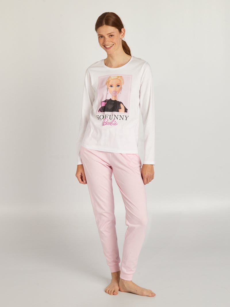 Pigiama lungo in jersey 'Barbie' - 2 pezzi bianco/rosa - Kiabi