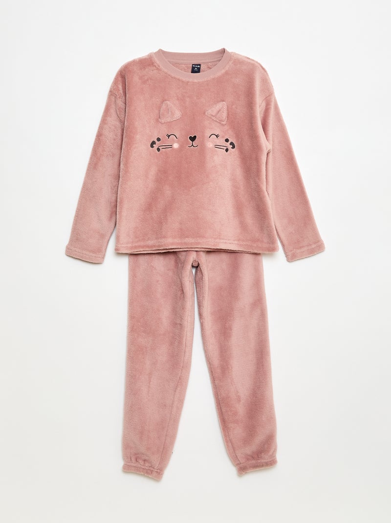 Pigiama lungo in pile, felpa + pantaloni - 2 pezzi Rosa - Kiabi