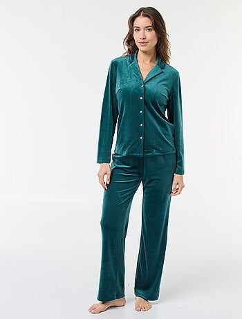 Pigiama lungo in velluto camicia + pantaloni - 2 pezzi