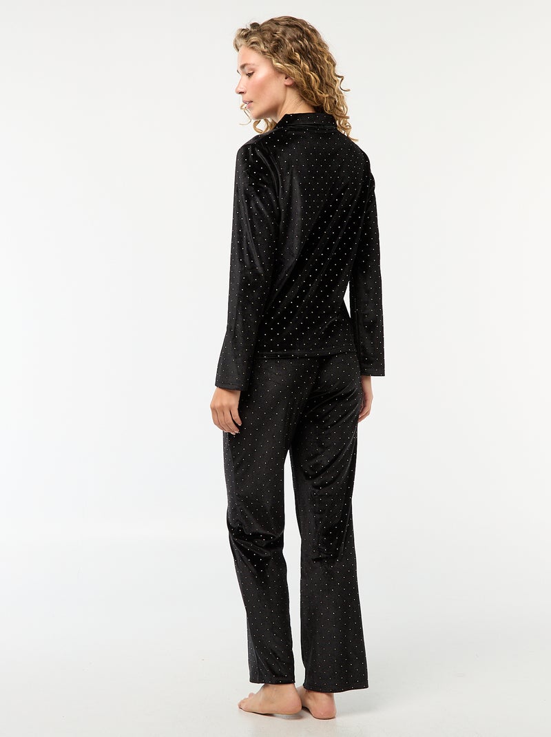 Pigiama lungo in velluto con motivo a pois dorati - 2 pezzi Nero - Kiabi