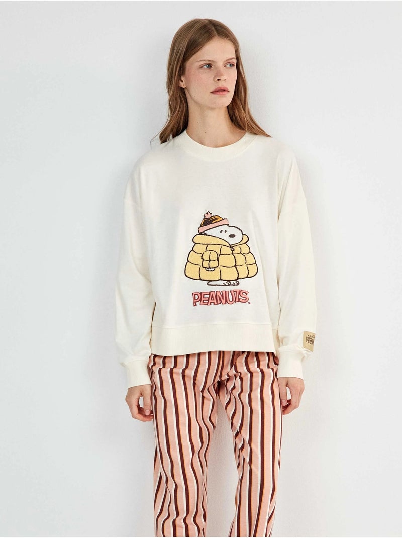 Pigiama lungo snoopy con pantaloni a righe Ecru - Kiabi