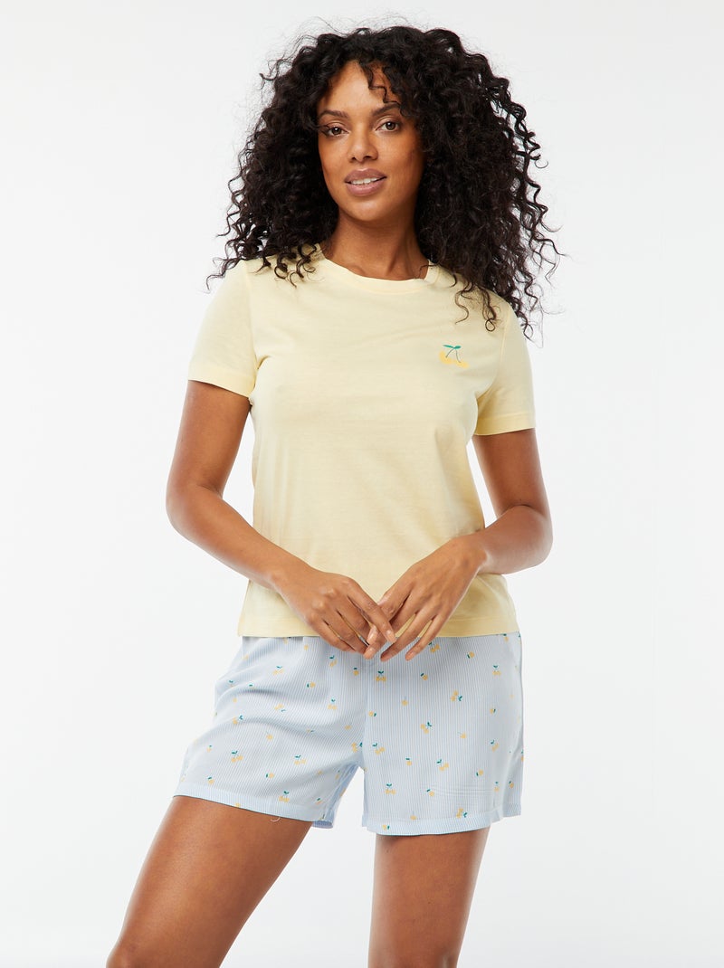 Pigiama t-shirt con scritta + shorts a righe - 2 pezzi Giallo - Kiabi