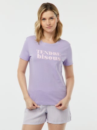 Pigiama t-shirt con scritta + shorts a righe - 2 pezzi