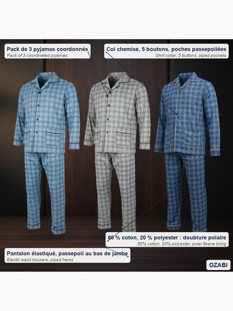 Pigiama uomo bottoni confezione da 3, cotone foderato pile, manica lunga Grigio blu - Kiabi