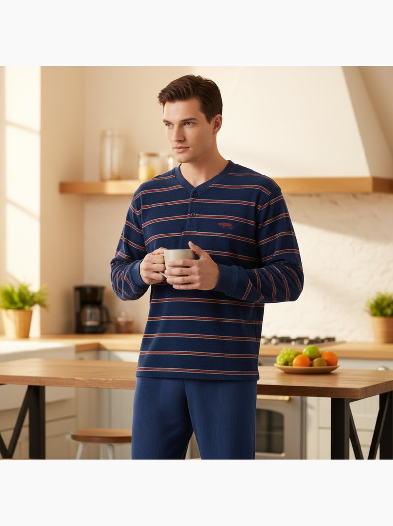 Pigiama Uomo Inverno Pile Morbido RAYURE Z2654 Blu marino - Kiabi