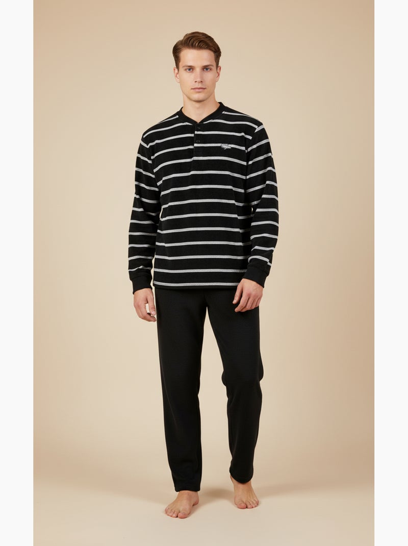 Pigiama Uomo Inverno Pile Morbido RAYURE Z2654 Nero - Kiabi