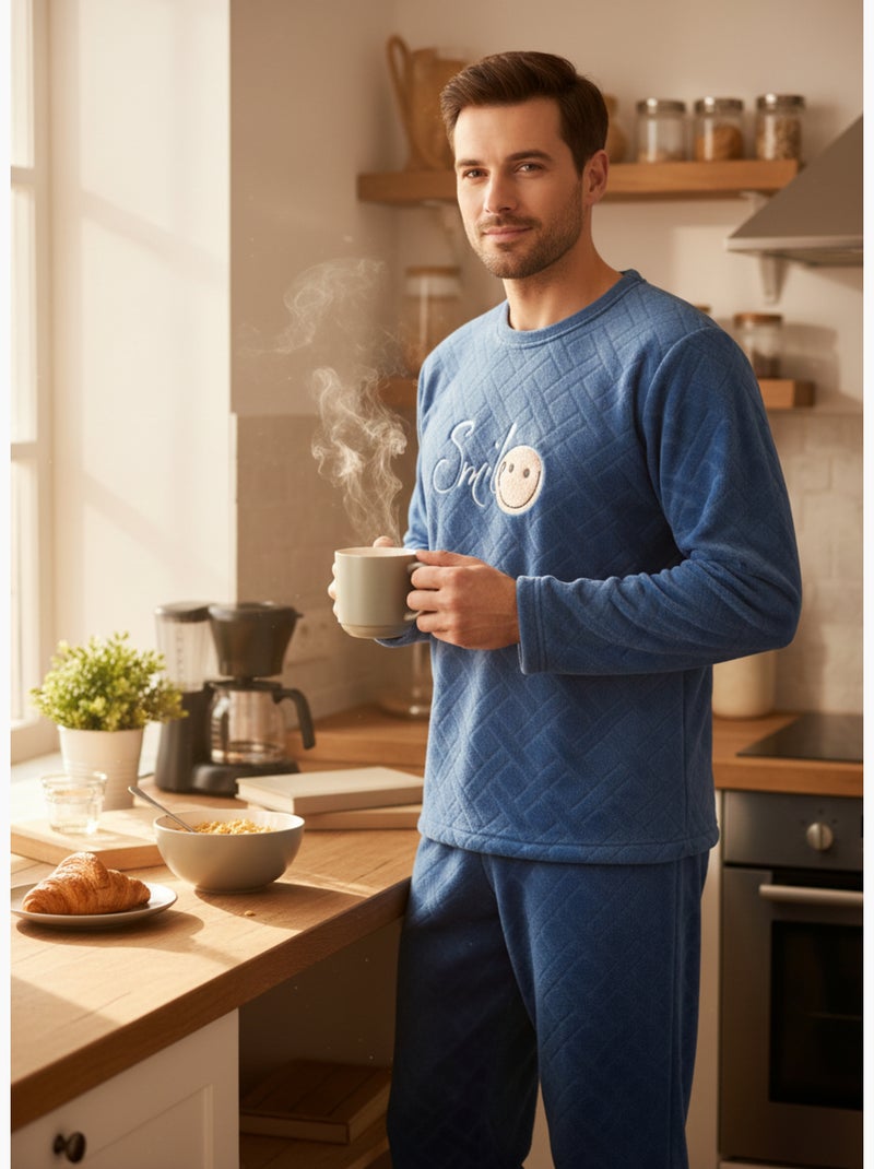 Pigiama Uomo Inverno Pile Morbido SMILE Blu marino - Kiabi