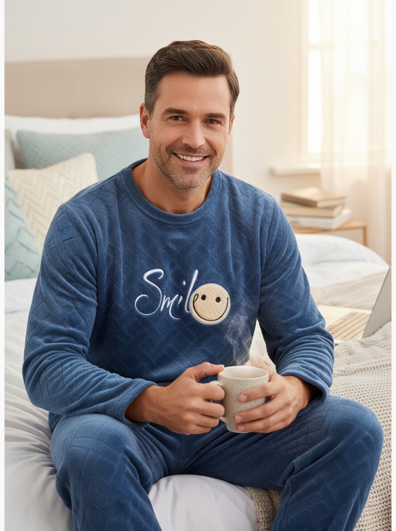 Pigiama Uomo Inverno Pile Morbido SMILE Blu marino - Kiabi