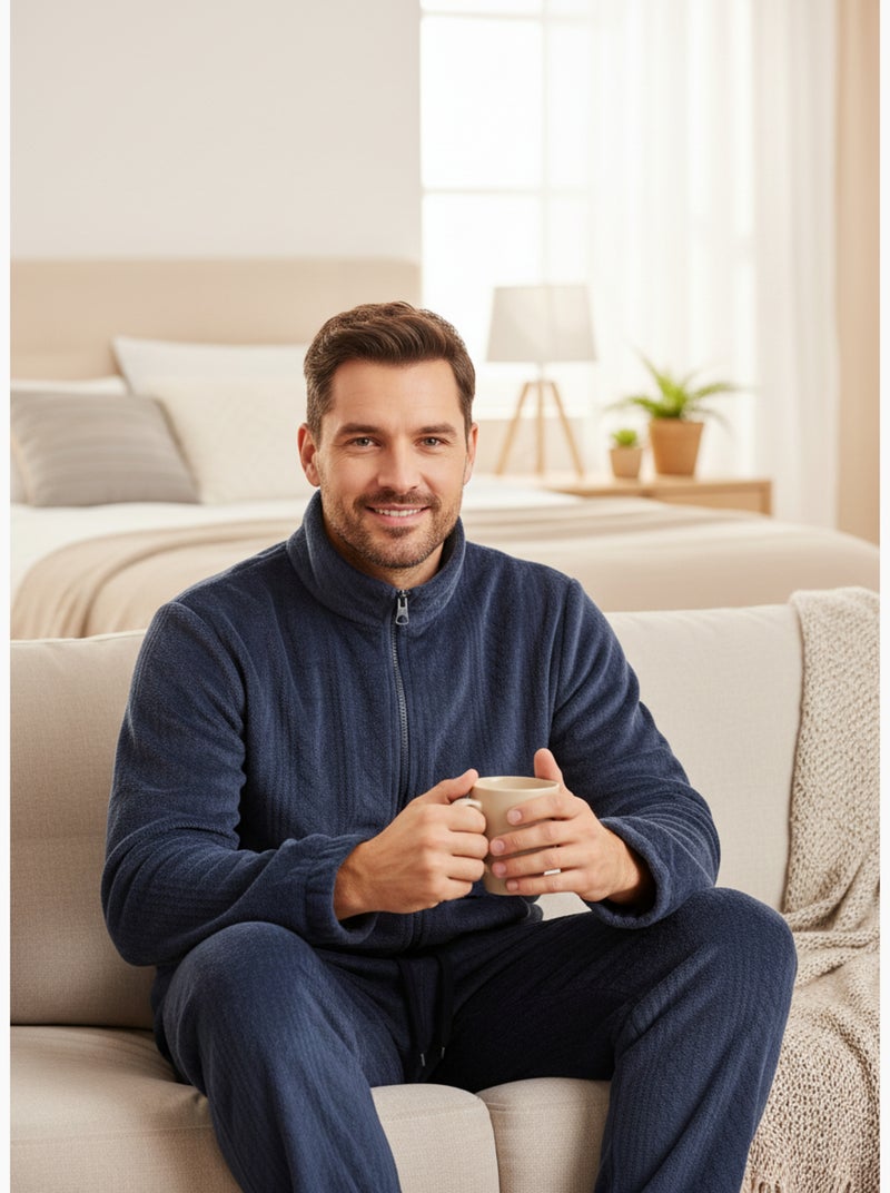 Pigiama Uomo Inverno Pile Morbido ZIP Blu marino - Kiabi