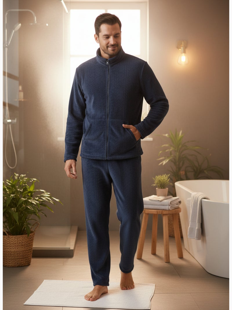 Pigiama Uomo Inverno Pile Morbido ZIP Blu marino - Kiabi