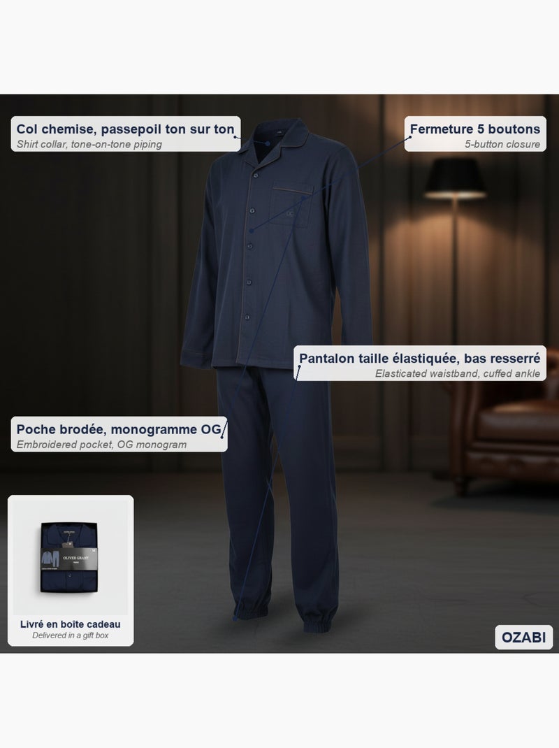 Pigiama Uomo Lungo Completamente Bottoni Cotone 100% OLIVER GRANT PARIS Blu marino - Kiabi