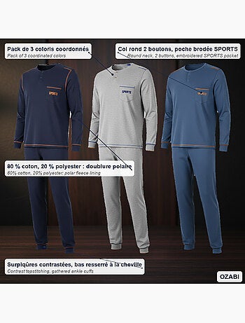 Pigiama uomo lungo confezione da 3, cotone foderato pile, collo bottoni ozabi