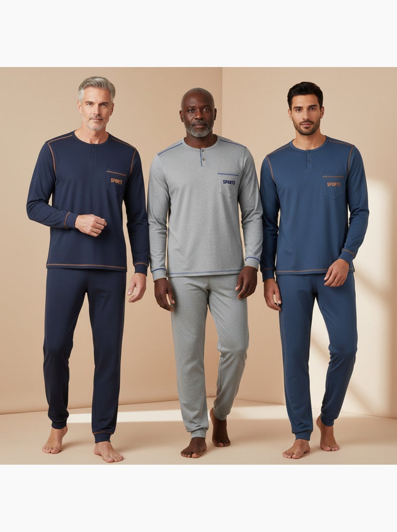 Pigiama uomo lungo confezione da 3, cotone foderato pile, collo bottoni ozabi Grigio blu marino blu - Kiabi