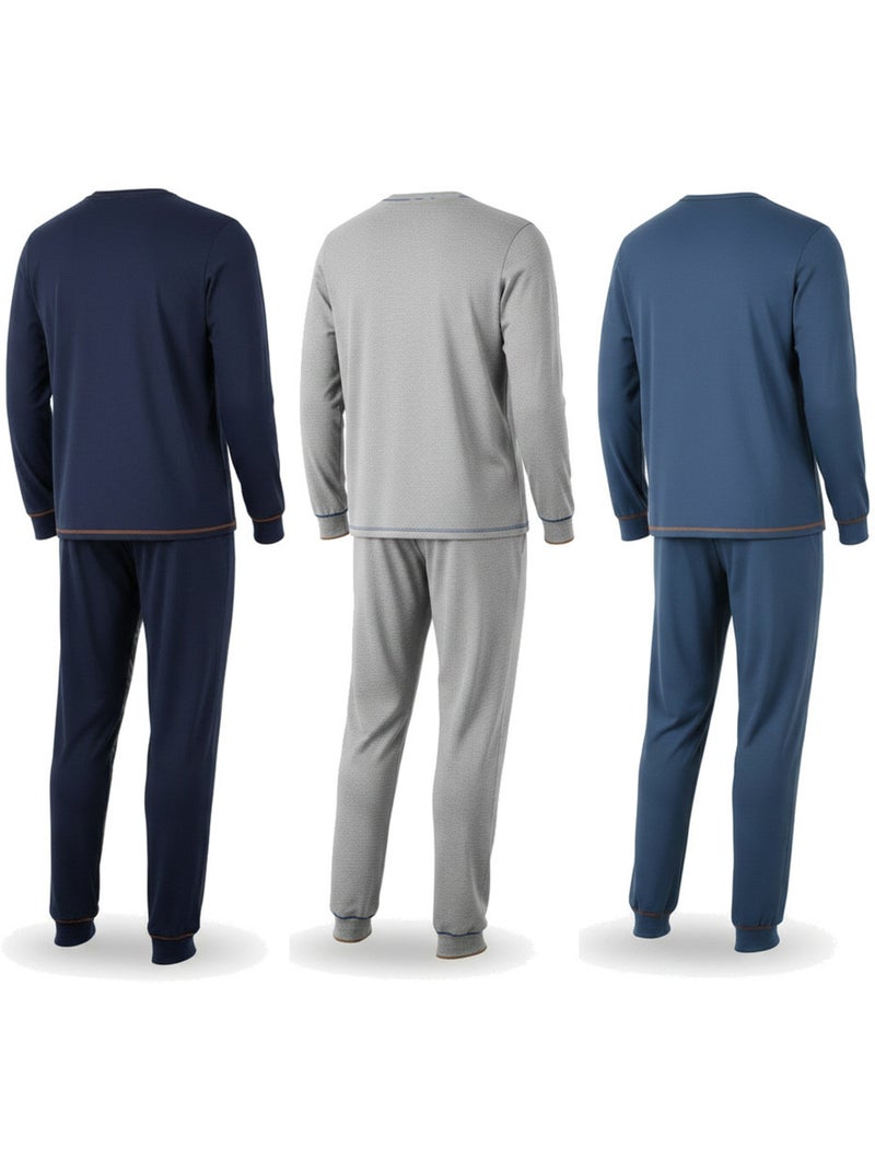Pigiama uomo lungo confezione da 3, cotone foderato pile, collo bottoni ozabi Grigio blu marino blu - Kiabi