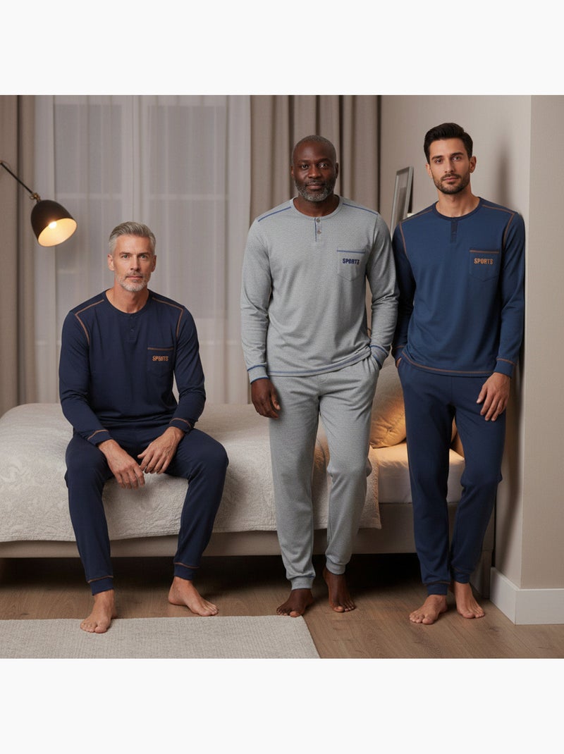 Pigiama uomo lungo confezione da 3, cotone foderato pile, collo bottoni ozabi Grigio blu marino blu - Kiabi