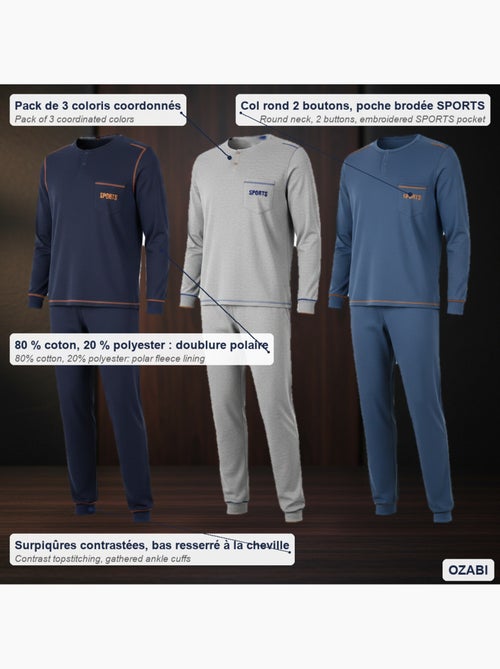 Pigiama uomo lungo confezione da 3, cotone foderato pile, collo bottoni ozabi - Kiabi Pigiama uomo lungo confezione da 3, cotone foderato pile, collo bottoni ozabi - Kiabi