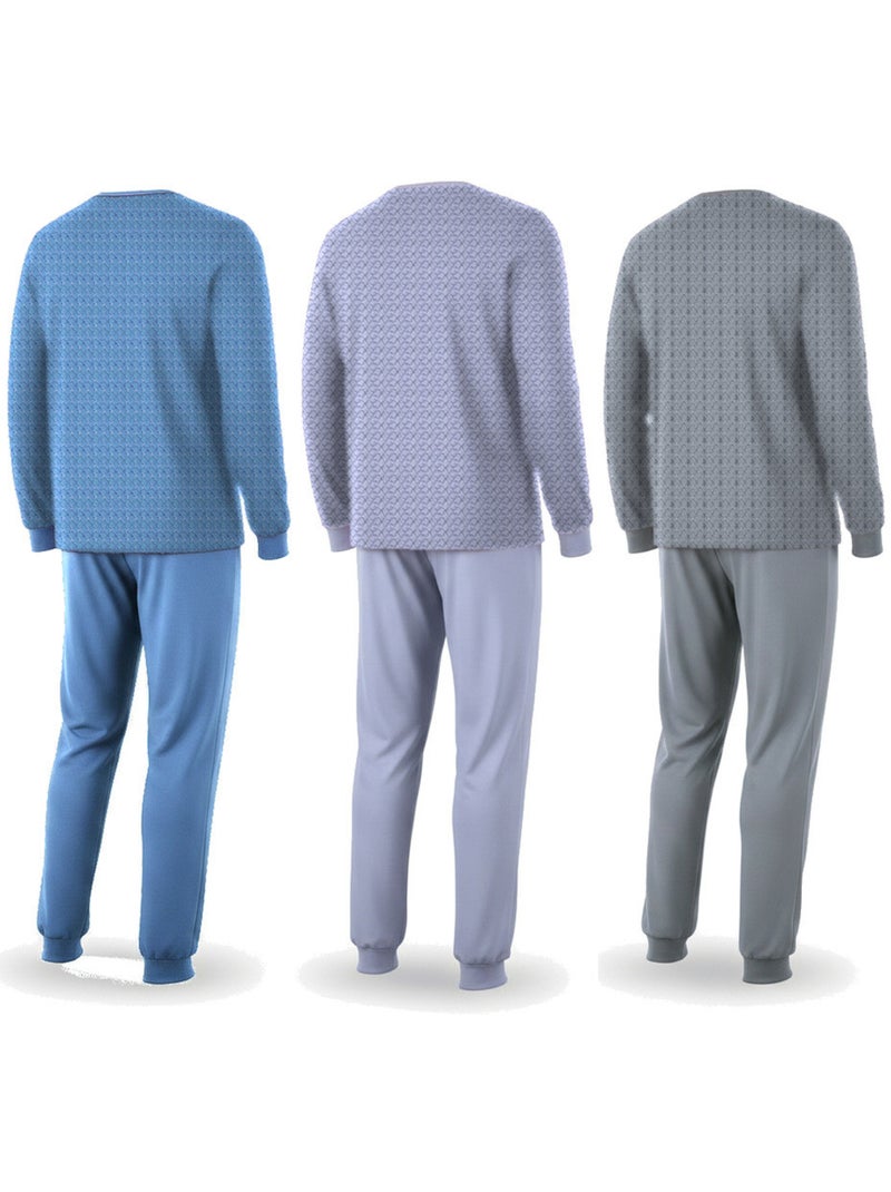 Pigiama uomo lungo confezione da 3, cotone foderato pile, collo bottoni ozabi Grigio verde blu - Kiabi