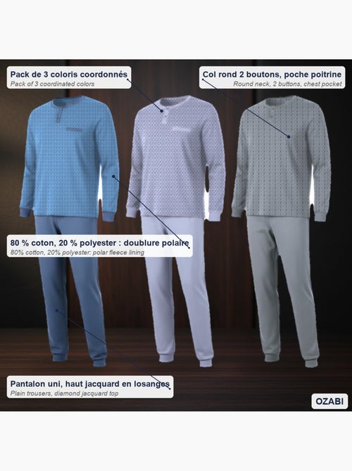Pigiama uomo lungo confezione da 3, cotone foderato pile, collo bottoni ozabi - Kiabi Pigiama uomo lungo confezione da 3, cotone foderato pile, collo bottoni ozabi - Kiabi