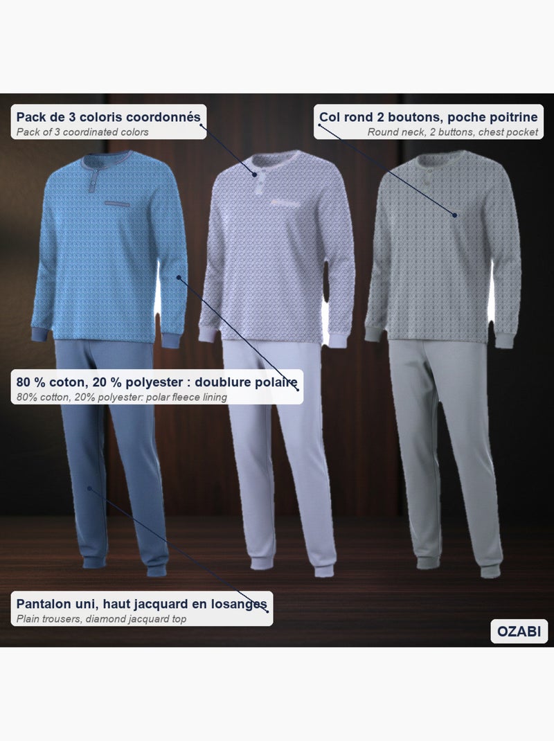 Pigiama uomo lungo confezione da 3, cotone foderato pile, collo bottoni ozabi Grigio verde blu - Kiabi