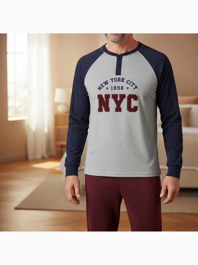 Pigiama uomo pile foderato ricamo new york ozabi Blu marino - Kiabi