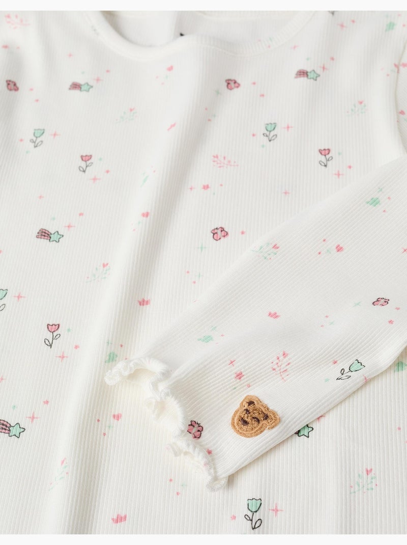 Pigiami a manica lunga in tessuto a coste con fiori e stelle Bianco - Kiabi