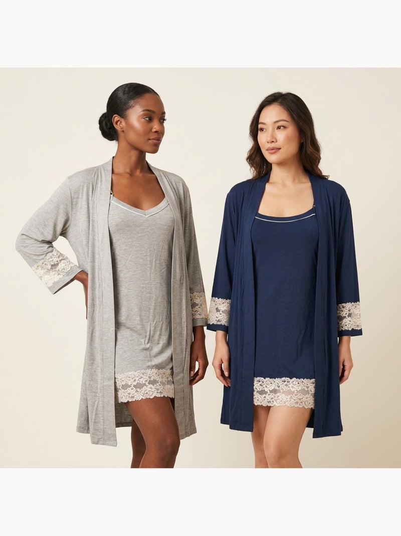 Pigiamone Donna OZABI Kimono Pizzi Viscosa 2 Pezzi Grigio - Kiabi
