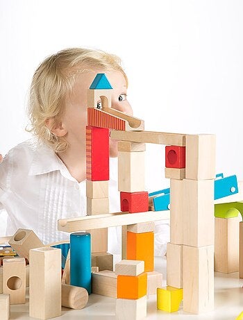 Pista per biglie per bambini – 80 blocchi di costruzione in legno + 20 biglie – "Roba