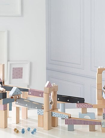 Pista per biglie per bambini – 80 blocchi di costruzione in legno + 20 biglie – "Roba