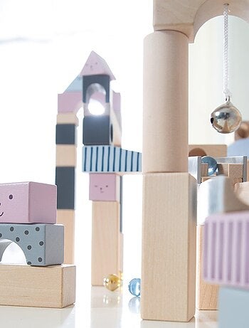 Pista per biglie per bambini – 80 blocchi di costruzione in legno + 20 biglie – "Roba