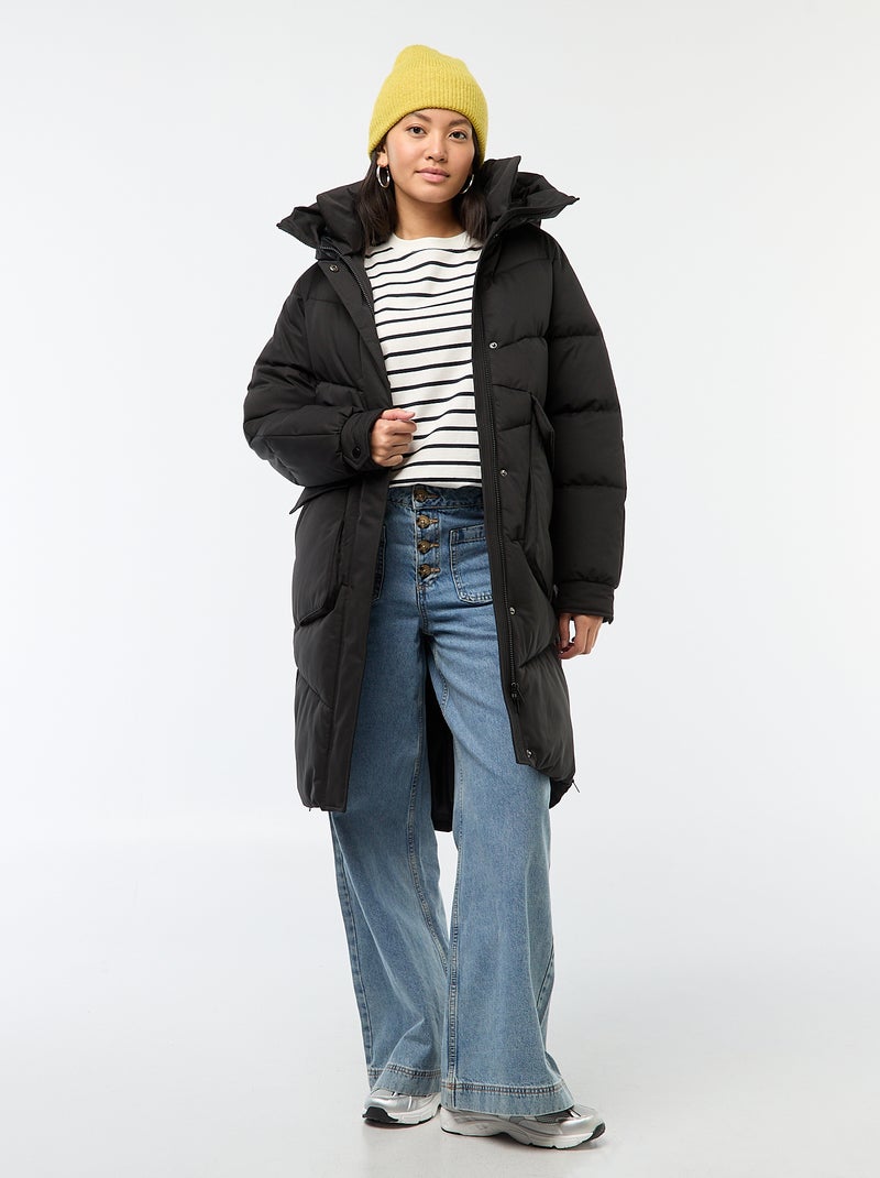 Piumino caldo lungo idrorepellente con cappuccio Nero - Kiabi