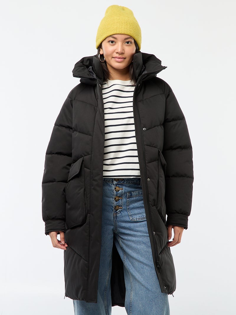 Piumino caldo lungo idrorepellente con cappuccio Nero - Kiabi