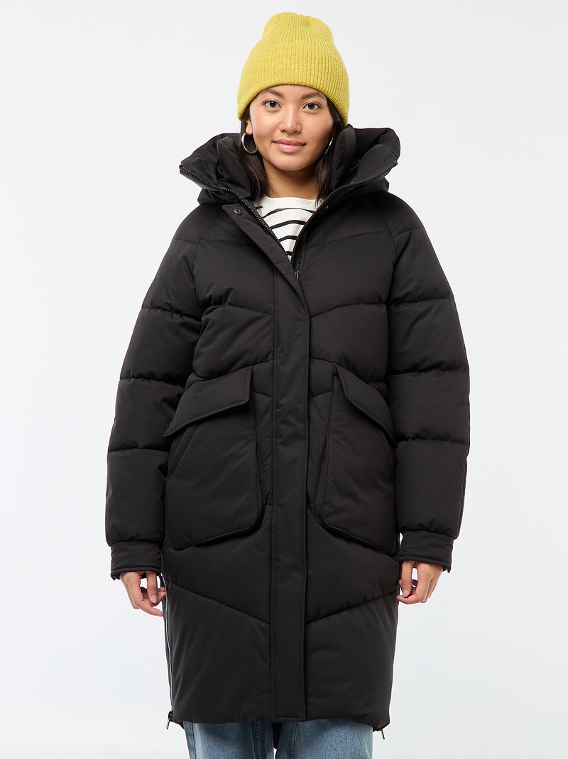 Piumino caldo lungo idrorepellente con cappuccio Nero - Kiabi