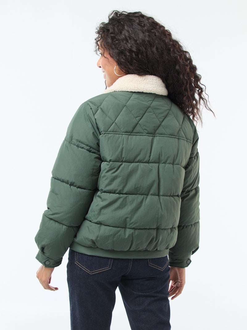 Piumino imbottito con collo effetto montone Kaki - Kiabi