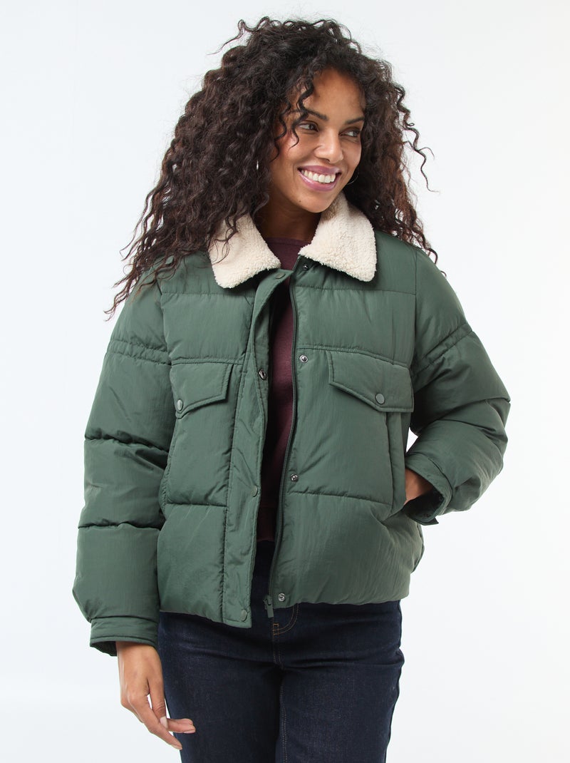 Piumino imbottito con collo effetto montone Kaki - Kiabi