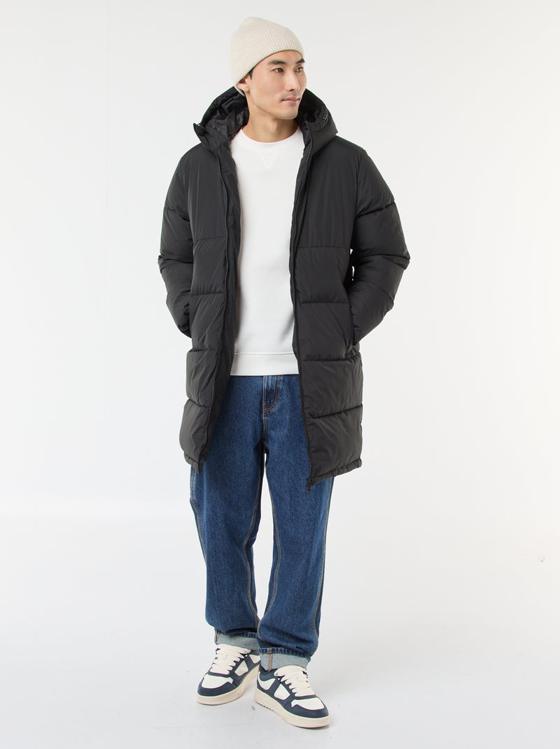 Piumino lungo con cappuccio tinta unita Nero - Kiabi