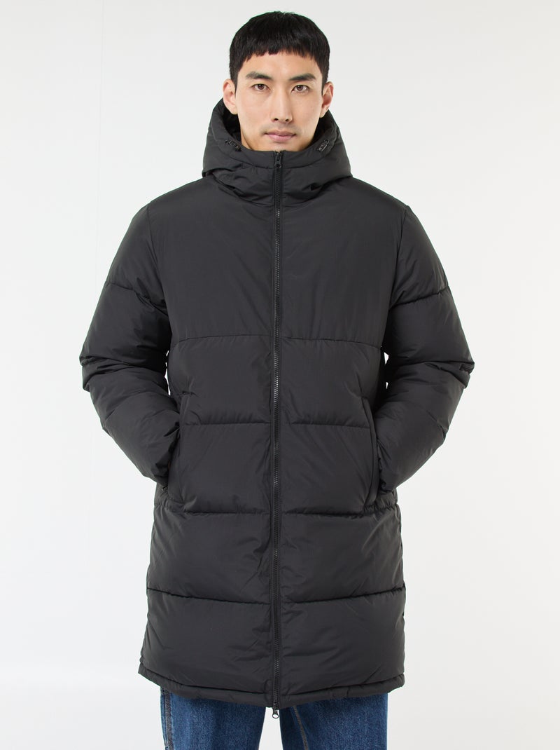 Piumino lungo con cappuccio tinta unita Nero - Kiabi